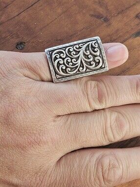 Designer Lois Hill Chunky Sterling Silver 925 Rectangular Scrollwork Ring Size 7